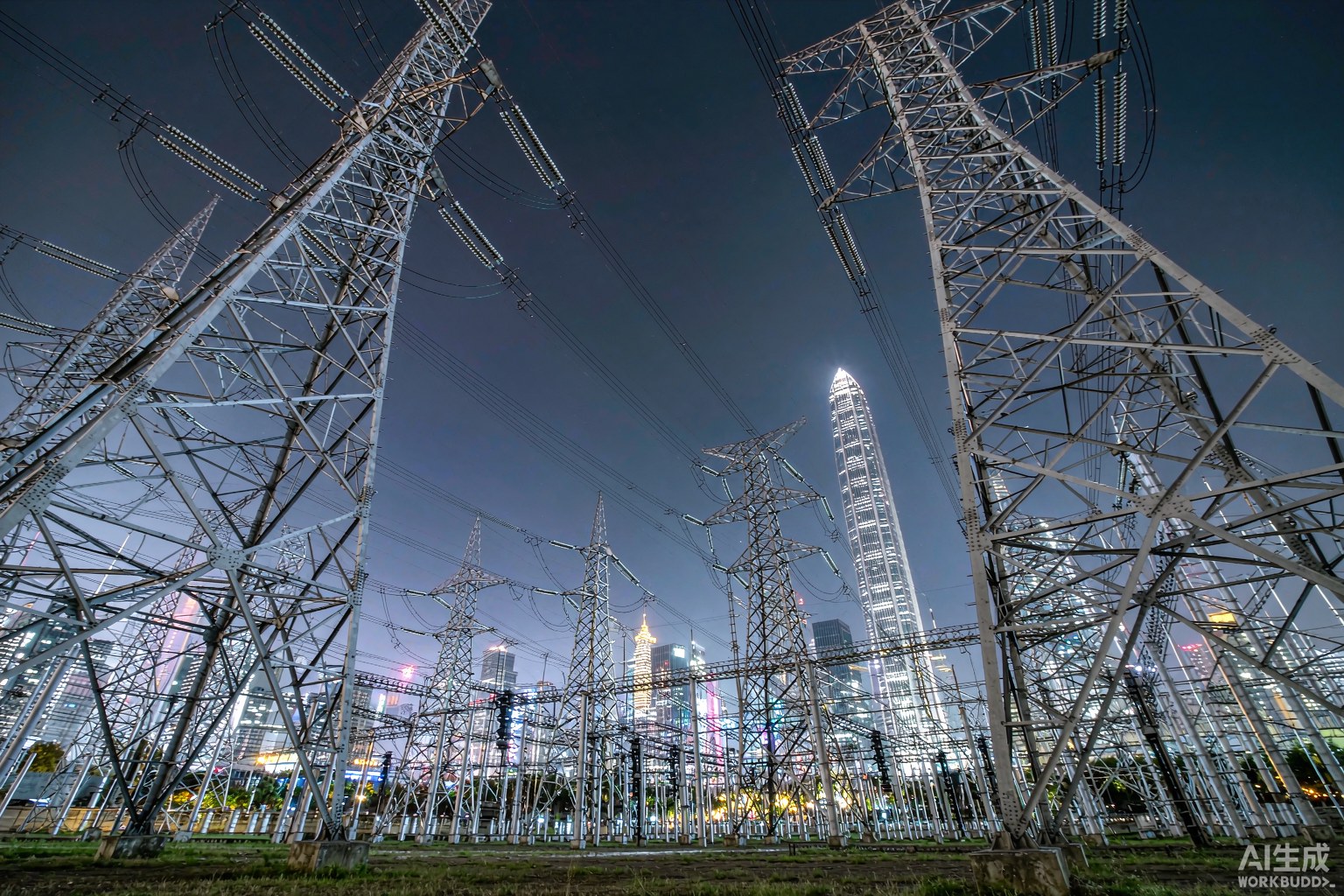 夜色中的城市电网与输电线路,背景是中央商务区楼宇灯光