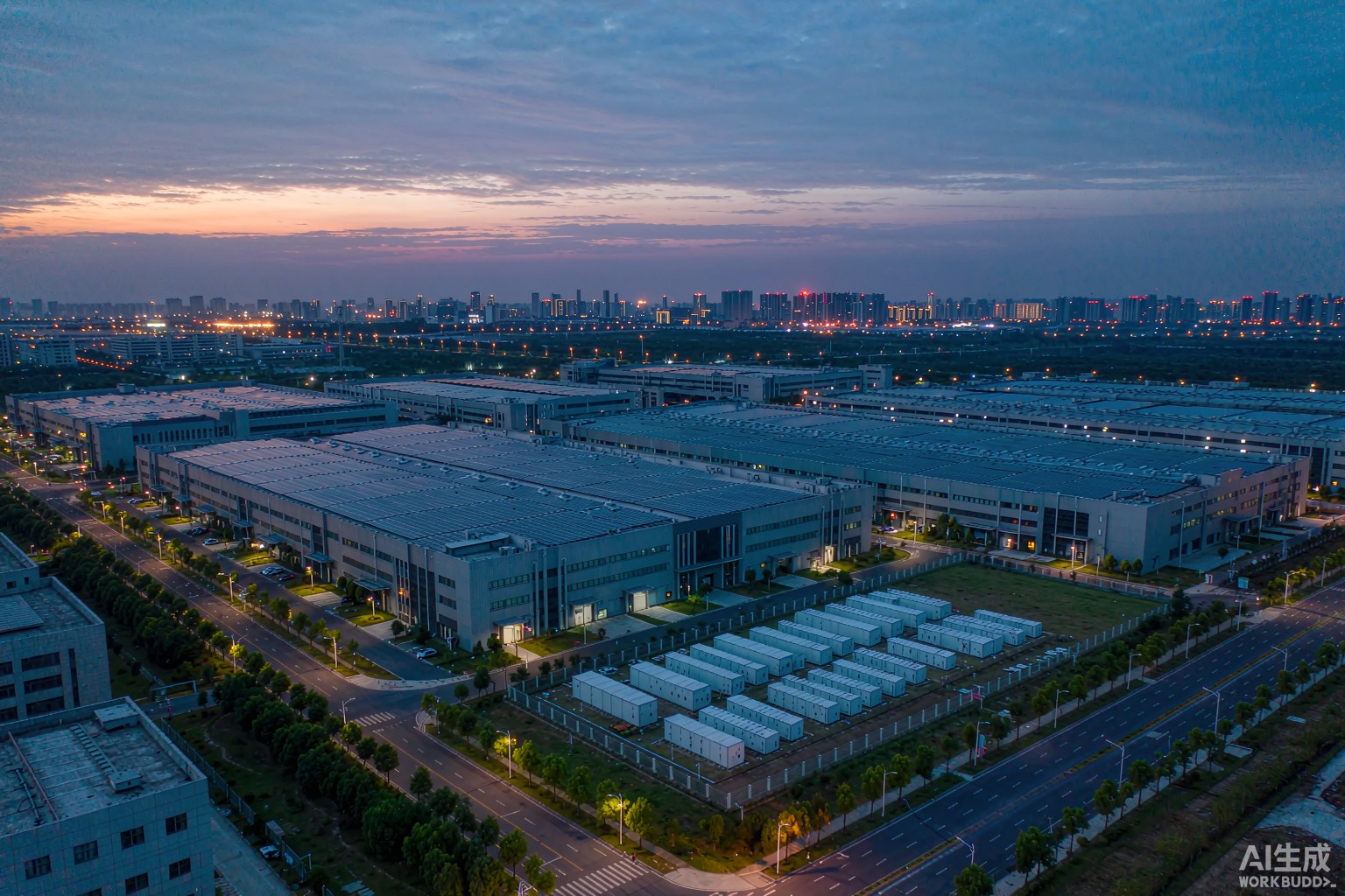 黄昏时分布满光伏板的工业园区,角落排列白色储能集装箱