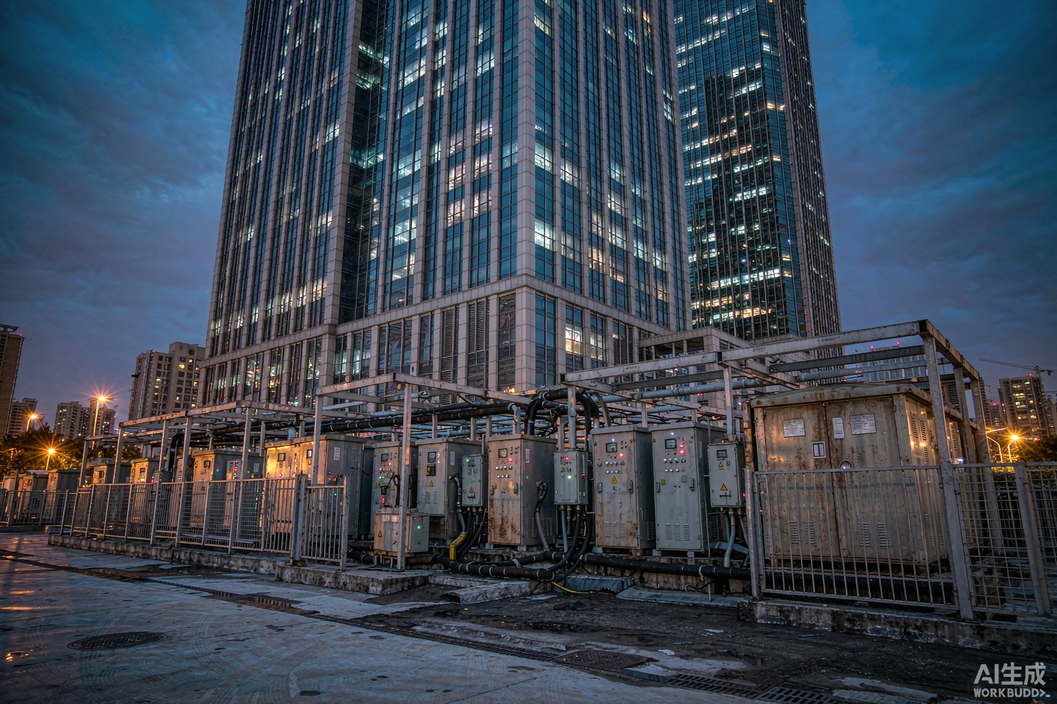夜晚灯光通明的城市商业综合体写字楼