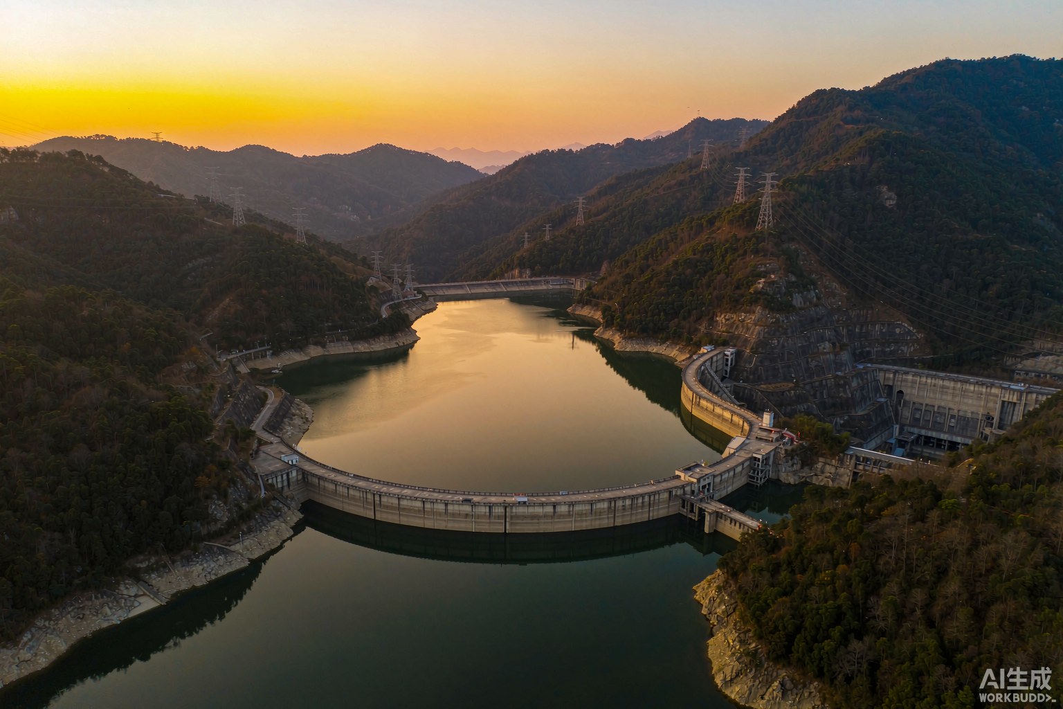 抽水蓄能电站上水库黄昏全景