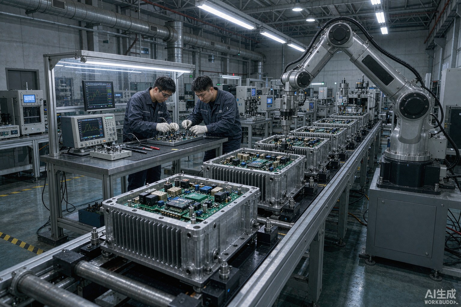 充电模块自动化生产车间，工程师正在检测大功率电源模块