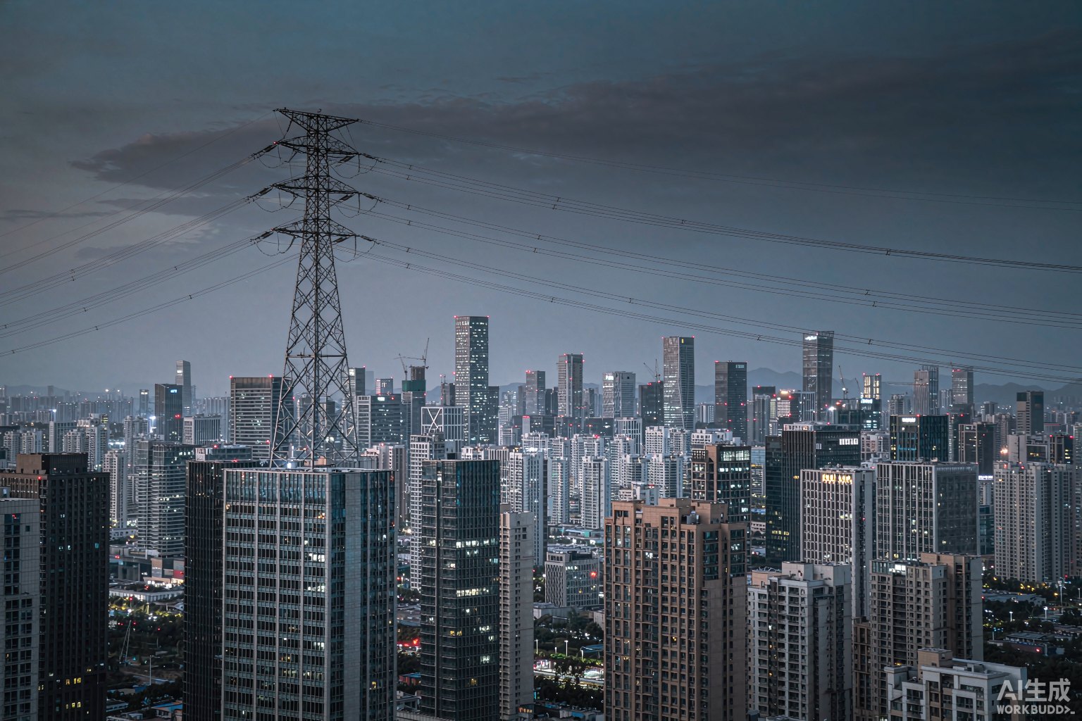 黄昏时分的城市商务区天际线与横穿画面的高压输电通道
