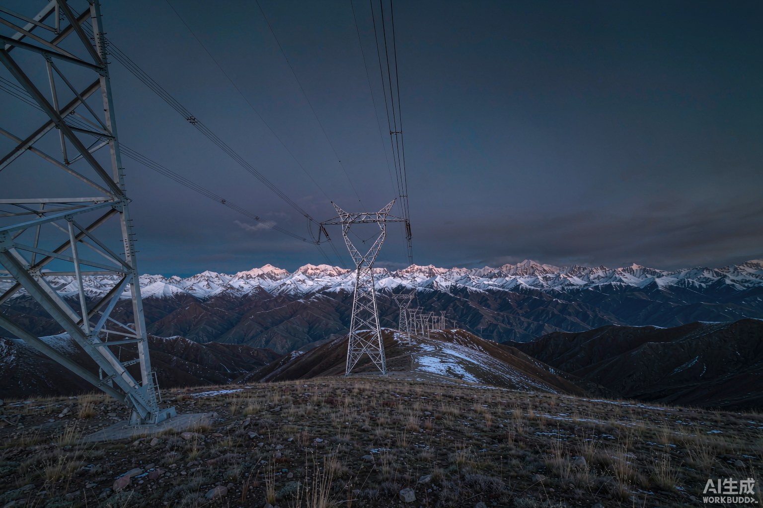 黄昏时分青藏高原上的特高压输电铁塔与雪山